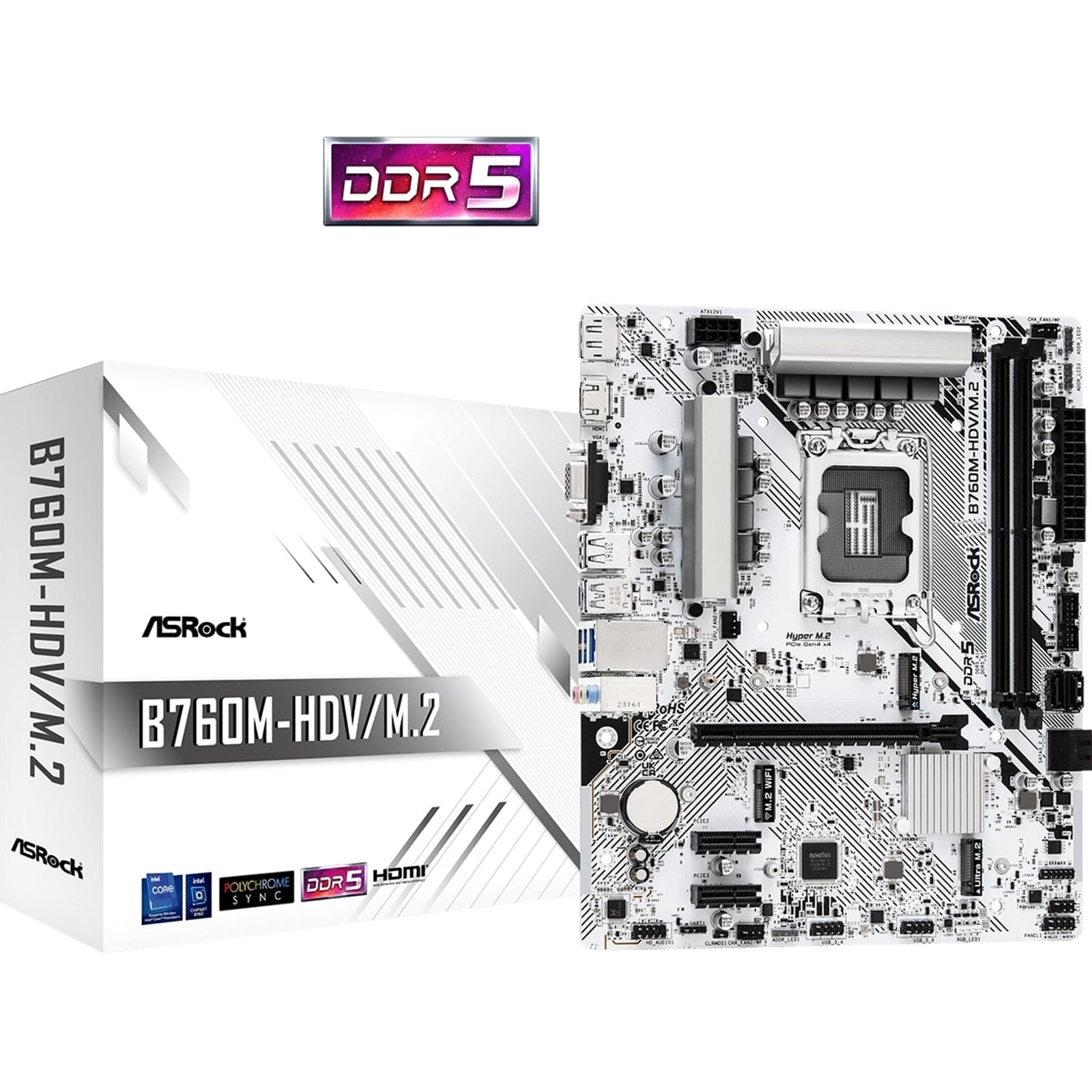 ASRock B760M-HDV/M.2 Intel 1700 Socket Motherboard, Micro-ATX, 2x DDR5 Slots, 3x M.2 Sockets, 1x USB-C Port, 2.5GbE LAN, 1x D-Sub / 1x DisplayPort / 1x HDMI Port