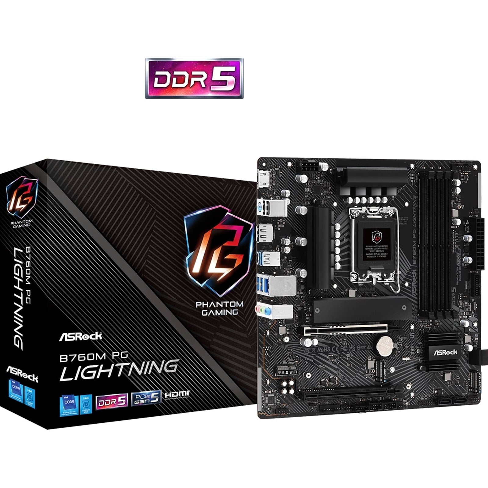 ASRock B760M PG Lightning Intel 1700 Socket Motherboard, Micro-ATX, 4x DDR5 Slots, 4x M.2 Sockets, 1x USB-C Port, 2.5GbE LAN, 1x DisplayPort / 1x HDMI Port