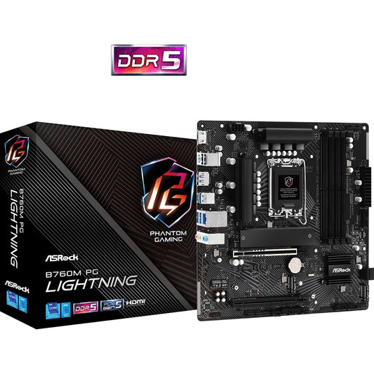 ASRock B760M PG Lightning Intel 1700 Socket Motherboard, Micro-ATX, 4x DDR5 Slots, 4x M.2 Sockets, 1x USB-C Port, 2.5GbE LAN, 1x DisplayPort / 1x HDMI Port