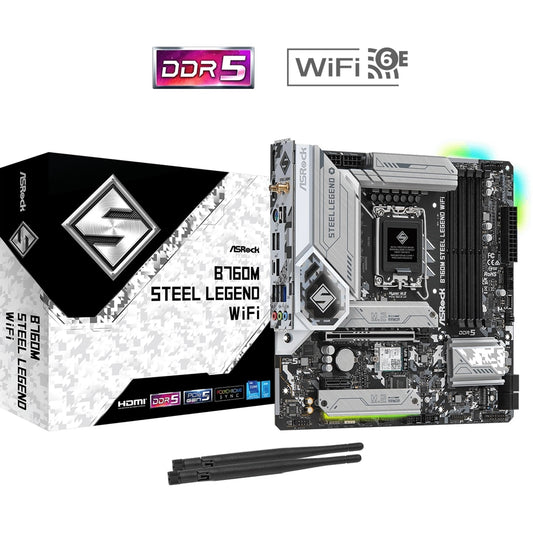 ASRock B760M Steel Legend WiFi Intel 1700 Socket Motherboard, Micro-ATX, 4x DDR5 Slots, 4x M.2 Sockets, 2x USB-C Port, Fitted I/O Shield, 2.5GbE LAN, Wi-Fi 6E, 1x DisplayPort / 1x HDMI Port