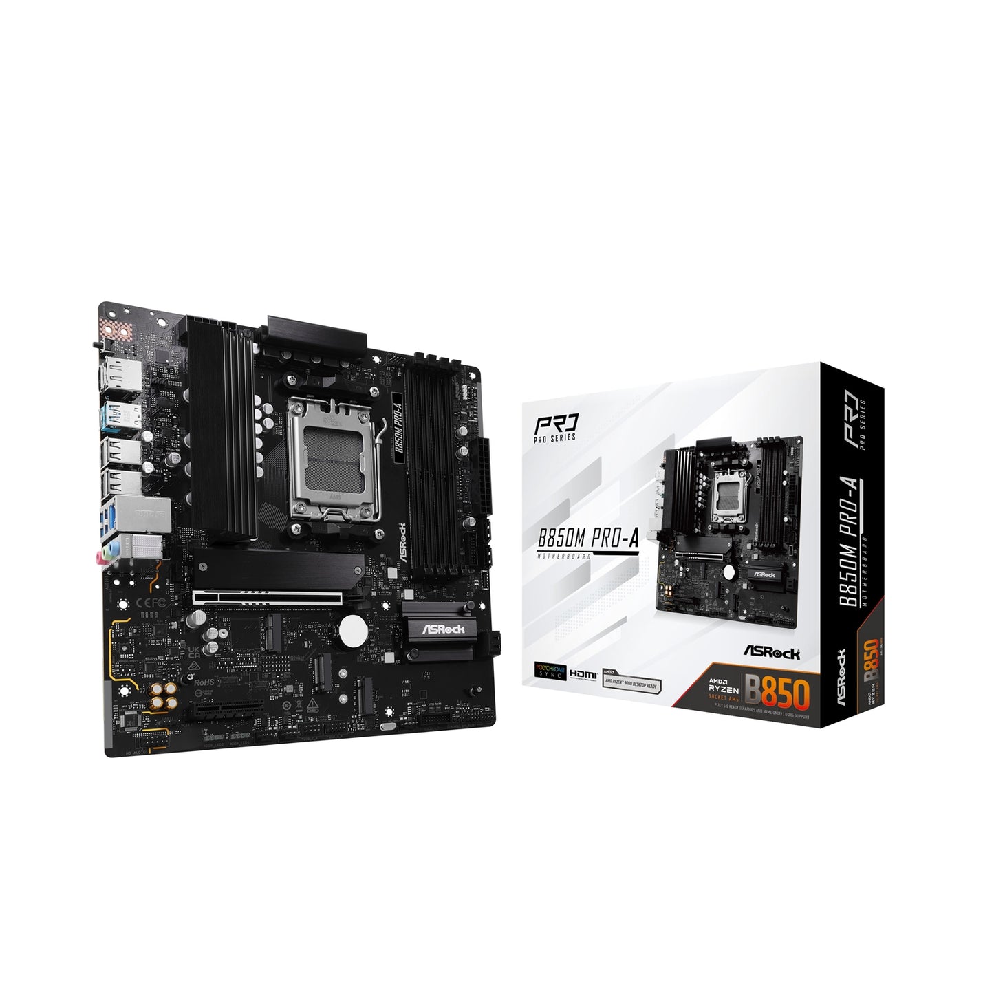 ASRock B850M Pro-A AMD AM5 Socket Motherboard, Micro-ATX, 4x DDR5 Slots, 3x M.2 Sockets, 2x USB-C Port, 2.5GbE LAN, 1x DisplayPort / 1x HDMI Port