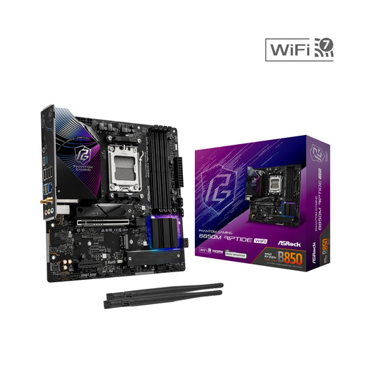 ASRock B850M Riptide WiFi PHANTOM GAMING AMD AM5 Socket Motherboard, Micro-ATX, 4x DDR5 Slots, 3x M.2 Sockets, 2x USB-C Port, Fitted I/O Shield, 2.5GbE LAN, Wi-Fi 7, 1x DisplayPort / 1x HDMI Port