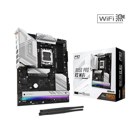 ASRock B850 Pro RS AMD AM5 Socket Motherboard, ATX, 4x DDR5 Slots, 4x M.2 Sockets, 3x USB-C Port, Fitted I/O Shield, 2.5GbE LAN, Wi-Fi 6E, 1x HDMI Port / 1x USB-C