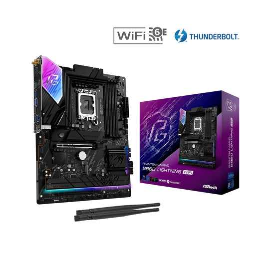 ASRock B860 Lightning WiFi PHANTOM GAMING Intel 1851 Socket Motherboard, ATX, 4x DDR5 Slots, 4x M.2 Sockets, 2x USB-C Port, Fitted I/O Shield, 2.5GbE LAN, Wi-Fi 6E, 1x DisplayPort / 1x HDMI / 1x USB-C (USB4)