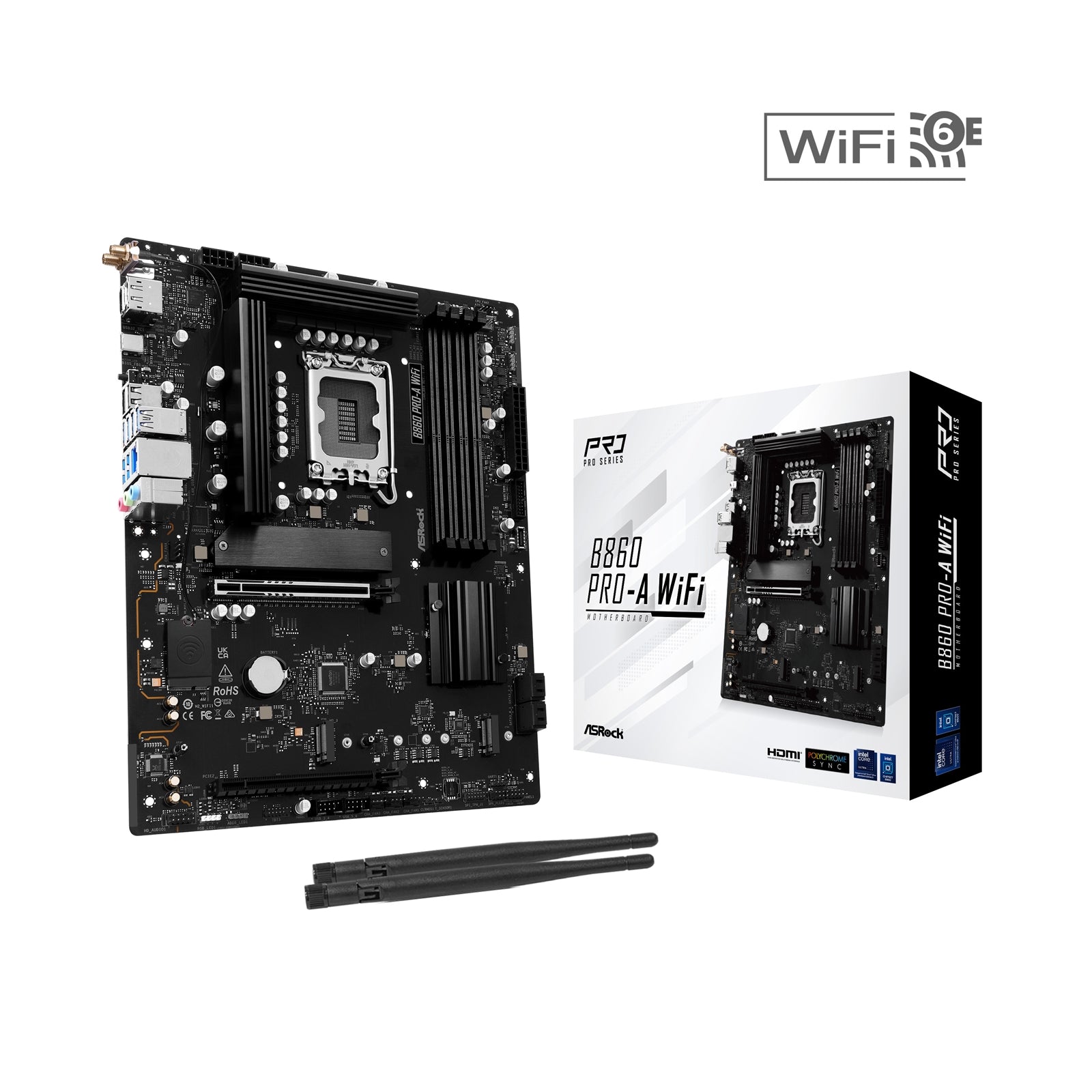 ASRock B860 Pro-A WiFi Intel 1851 Socket Motherboard, ATX, 4x DDR5 Slots, 3x M.2 Sockets, 2x USB-C Port, 2.5GbE LAN, Wi-Fi 6E, 1x DisplayPort / 1x HDMI Port