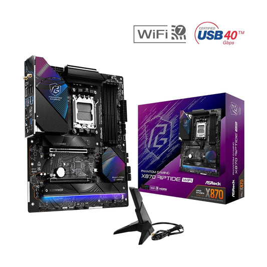 ASRock X870 RIPTIDE WIFI PHANTOM GAMING AMD AM5 Socket Motherboard, ATX, 4x DDR5 Slots, 3x M.2 Sockets, 3x USB-C Port, Fitted I/O Shield, 2.5GbE LAN, Wi-Fi 7, 1x HDMI Port / 2x USB-C (USB4)