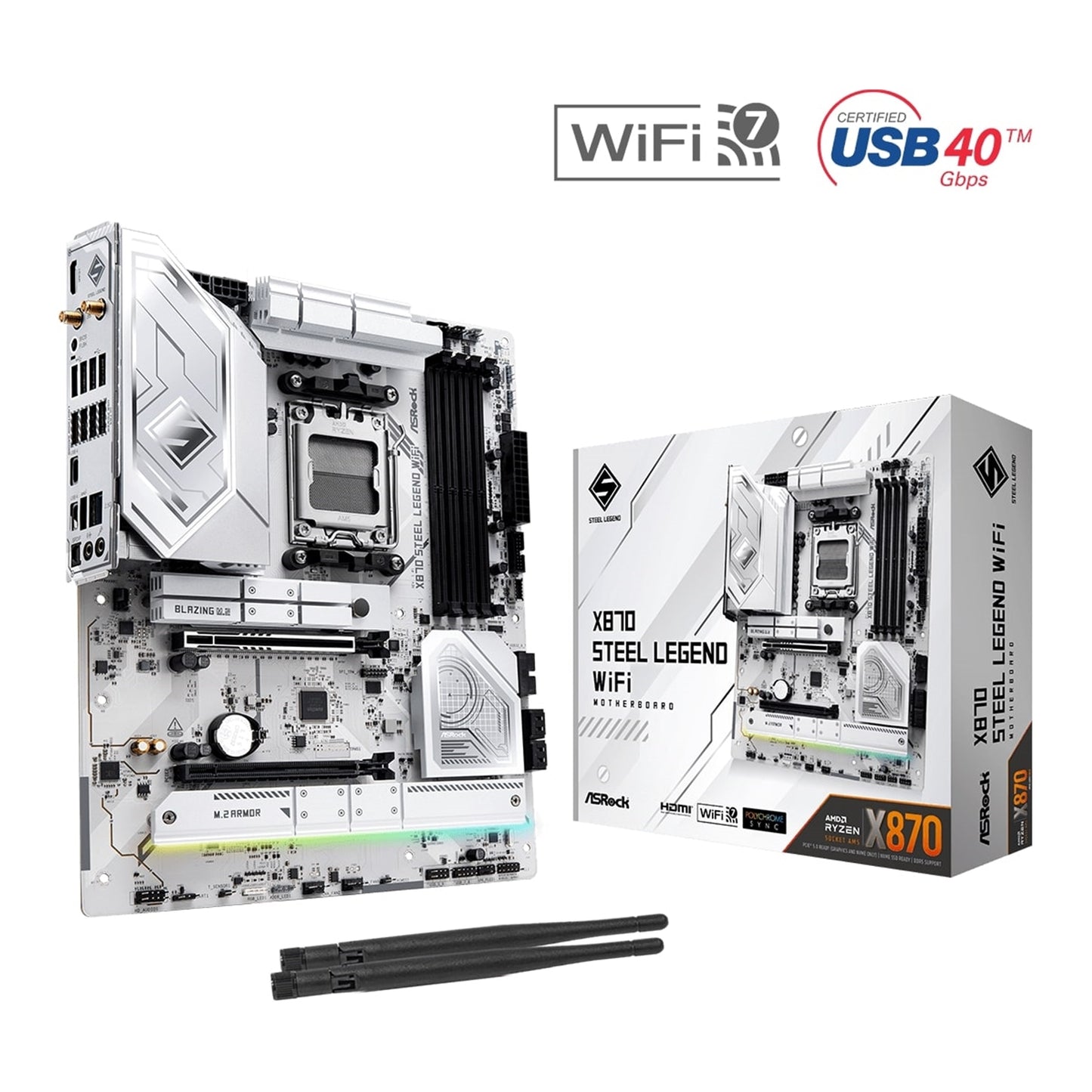 ASRock X870 STEEL LEGEND WIFI AMD AM5 Socket Motherboard, ATX, 4x DDR5 Slots, 3x M.2 Sockets, 3x USB-C Port, Fitted I/O Shield, 2.5GbE LAN, Wi-Fi 7, 1x HDMI Port / 2x USB-C (USB4)