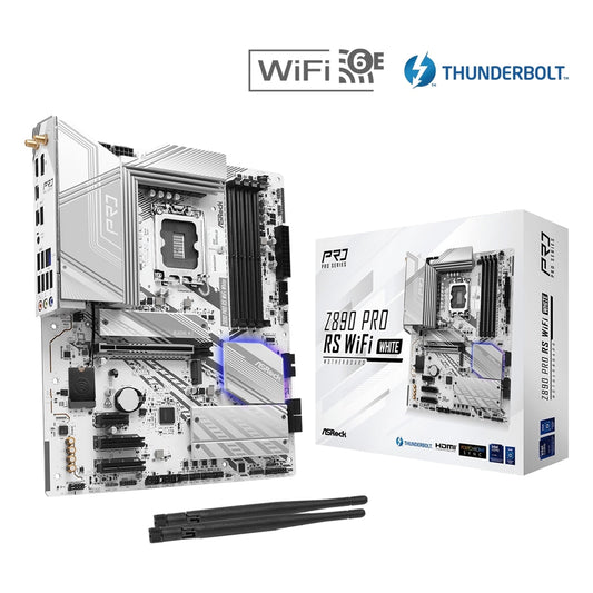 ASRock Z890 PRO RS WIFI WHITE Intel 1851 Socket Motherboard, ATX, 4x DDR5 Slots, 4x M.2 Sockets, 3x USB-C Port, Fitted I/O Shield, 2.5GbE LAN, Wi-Fi 6E, 1x DisplayPort / 1x HDMI / 2x USB-C (USB4)