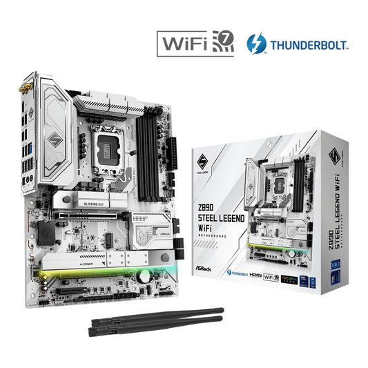 ASRock Z890 STEEL LEGEND WIFI Intel 1851 Socket Motherboard, ATX, 4x DDR5 Slots, 4x M.2 Sockets, 3x USB-C Port, Fitted I/O Shield, 2.5GbE LAN, Wi-Fi 7, 1x HDMI Port / 2x USB-C (USB4)