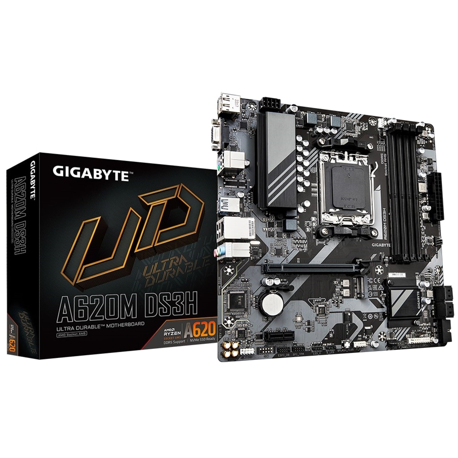 Gigabyte A620M DS3H Ultra Durable AMD AM5 Socket Motherboard, Micro-ATX, 4x DDR5 Slots, 1x M.2 Socket, 1x USB-C Port, GbE LAN, 1x D-Sub / 1x DisplayPort / 1x HDMI Port