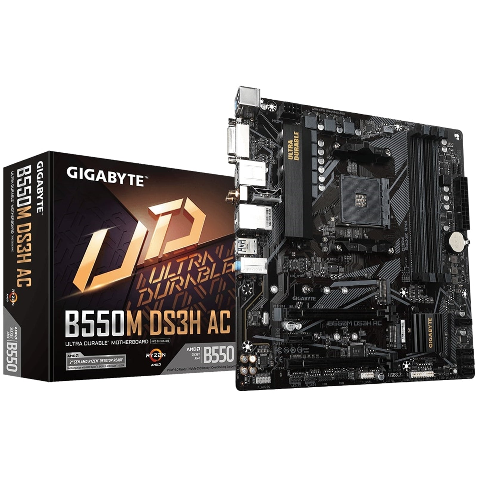 Gigabyte B550M DS3H AC Ultra Durable AMD AM4 Socket Motherboard, Micro-ATX, 4x DDR4 Slots, 2x M.2 Sockets, GbE LAN, Wi-Fi 5, 1x DVI-D / 1x HDMI Port