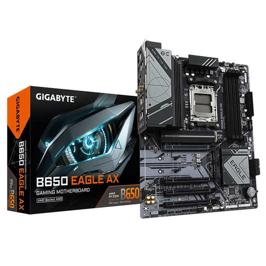 Gigabyte B650 EAGLE AX AMD AM5 Socket Motherboard, ATX, 4x DDR5 Slots, 3x M.2 Sockets, 1x USB-C Port, Fitted I/O Shield, GbE LAN, Wi-Fi 6E, 1x DisplayPort / 1x HDMI Port