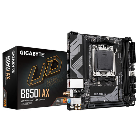 Gigabyte B650I AX Ultra Durable AMD AM5 Socket Motherboard, Mini-ITX, 2x DDR5 Slots, 1x M.2 Socket, 2x USB-C Port, 2.5GbE LAN, Wi-Fi 6E, 1x DisplayPort / 1x HDMI Port