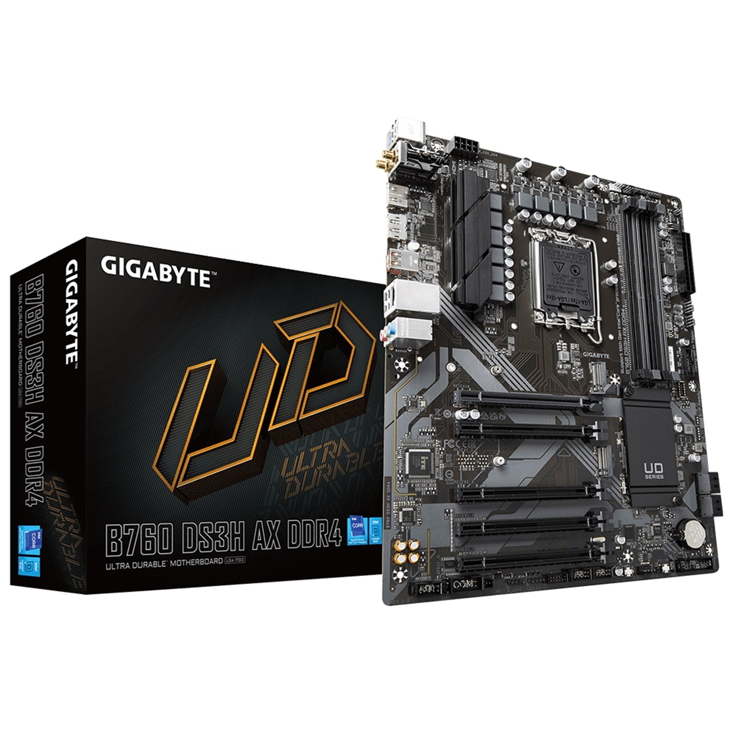 Gigabyte B760 DS3H AX DDR4 Ultra Durable Intel 1700 Socket Motherboard, ATX, 4x DDR4 Slots, 2x M.2 Sockets, 2x USB-C Port, GbE LAN, Wi-Fi 6E, 1x DisplayPort / 1x HDMI Port