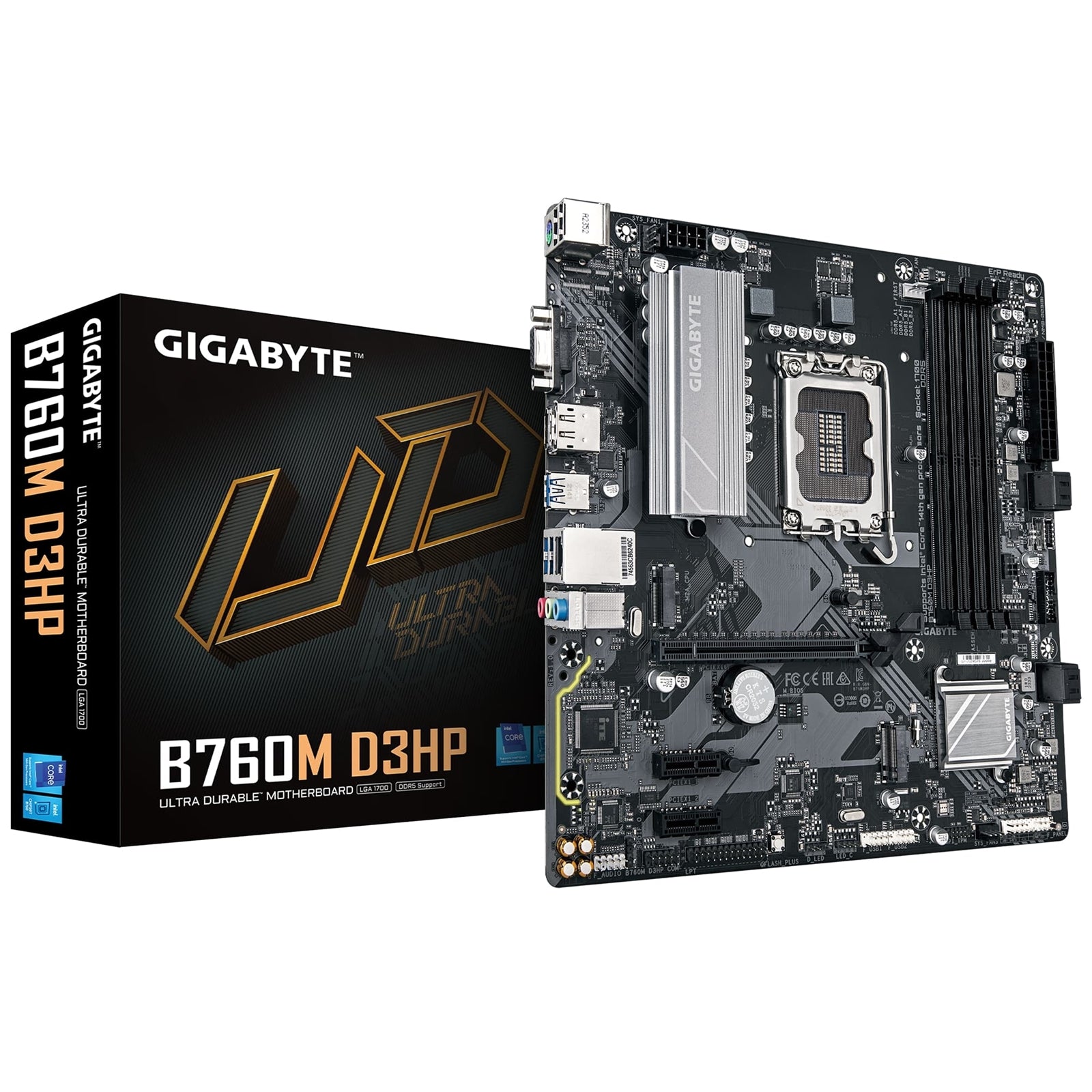 Gigabyte B760M D3HP Intel 1700 Socket Motherboard, Micro-ATX, 4x DDR5 Slots, 2x M.2 Sockets, 1x USB-C Port, GbE LAN, 1x D-Sub / 1x DisplayPort / 1x HDMI Port