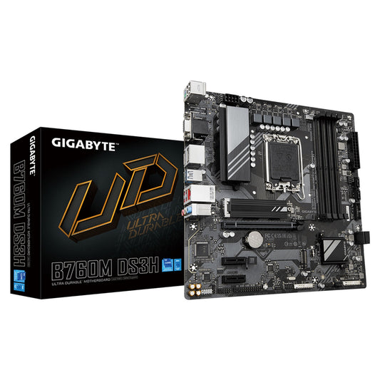 Gigabyte B760M DS3H Ultra Durable Intel 1700 Socket Motherboard, Micro-ATX, 4x DDR5 Slots, 2x M.2 Sockets, 1x USB-C Port, 2.5GbE LAN, 1x D-Sub / 2x DisplayPorts / 1x HDMI Port