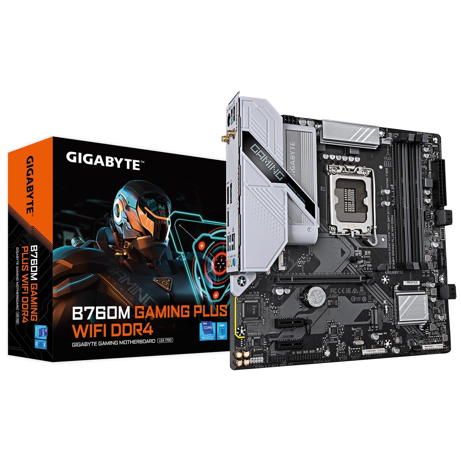 Gigabyte B760M GAMING PLUS WIFI DDR4 Intel 1700 Socket Motherboard, Micro-ATX, 4x DDR4 Slots, 2x M.2 Sockets, 1x USB-C Port, Fitted I/O Shield, GbE LAN, Wi-Fi 6, 1x DisplayPort / 1x HDMI Port