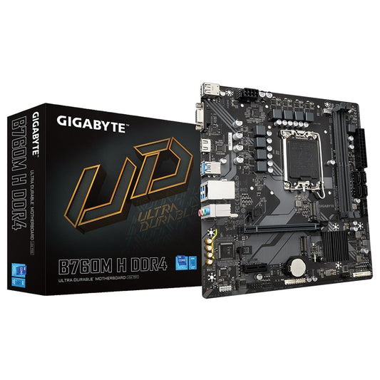 Gigabyte B760M H DDR4 Ultra Durable Intel 1700 Socket Motherboard, Micro-ATX, 2x DDR4 Slots, 2x M.2 Sockets, GbE LAN, 1x D-Sub / 1x HDMI Port