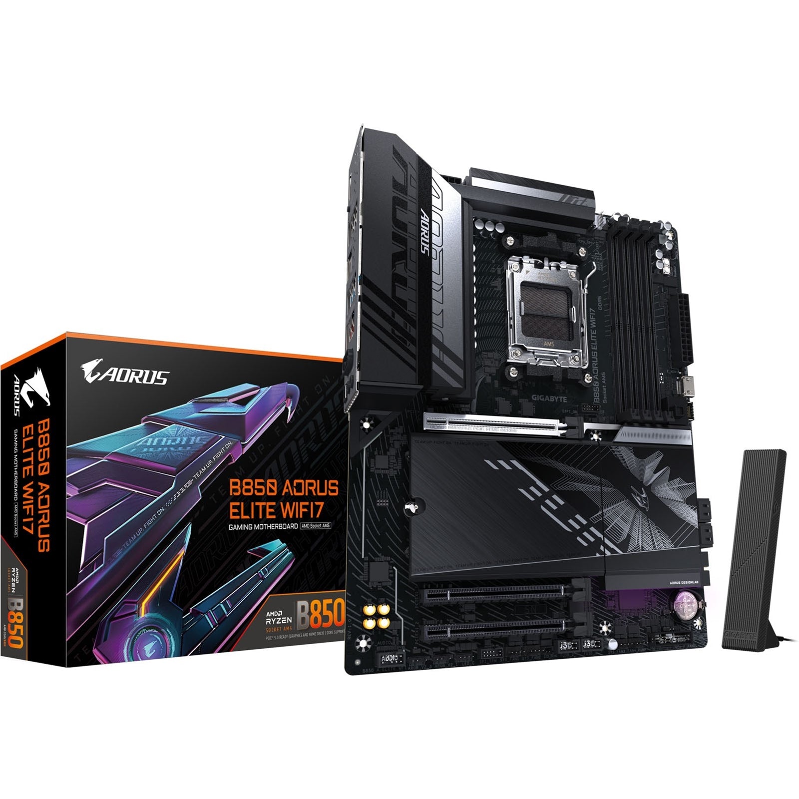 Gigabyte B850 AORUS ELITE WIFI7 AMD AM5 Socket Motherboard, ATX, 4x DDR5 Slots, 3x M.2 Sockets, 2x USB-C Port, Fitted I/O Shield, 2.5GbE LAN, Wi-Fi 7, 1x DisplayPort / 1x HDMI Port