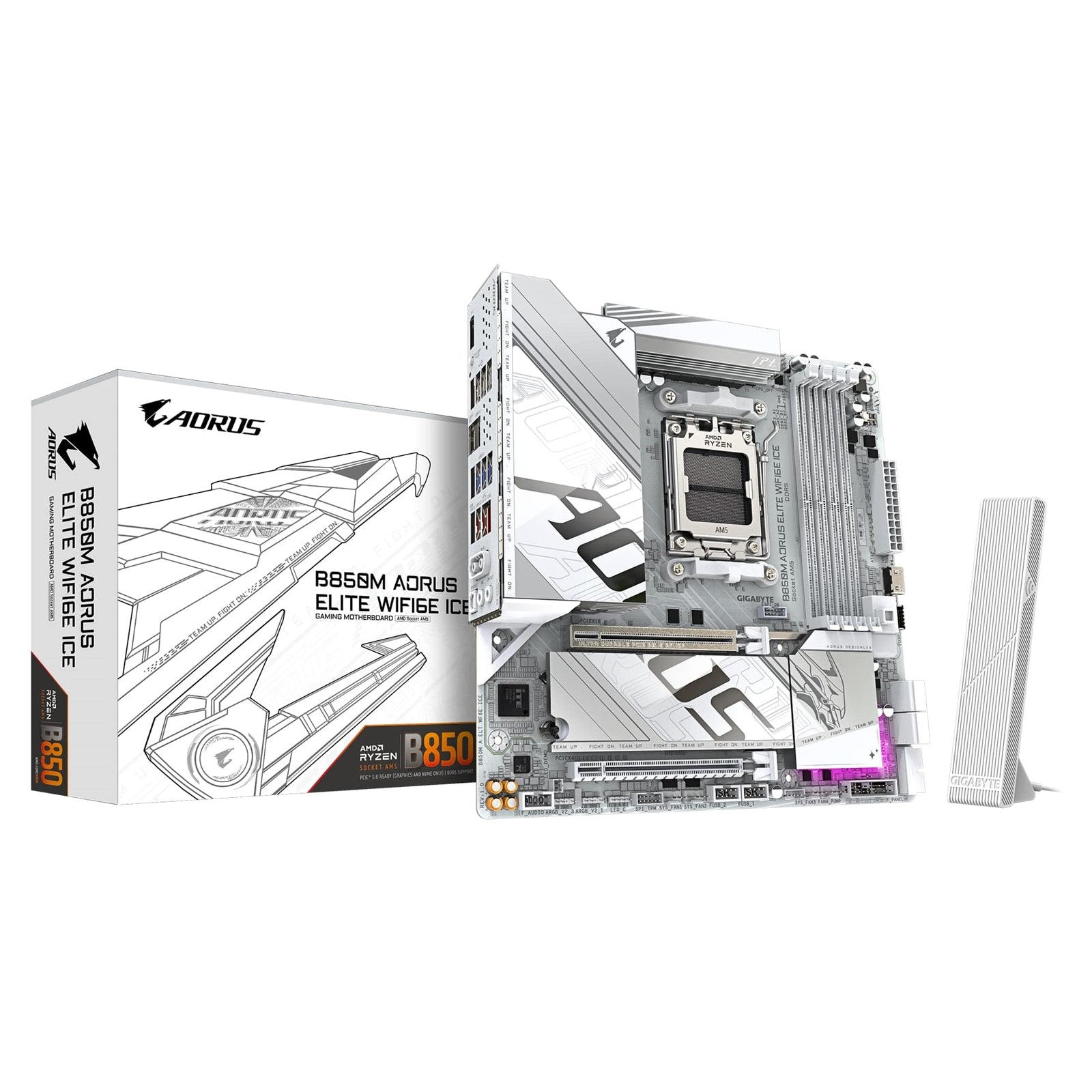 Gigabyte B850M AORUS ELITE WIFI6E ICE AMD AM5 Socket Motherboard, Micro-ATX, 4x DDR5 Slots, 2x M.2 Sockets, 2x USB-C Port, Fitted I/O Shield, 2.5GbE LAN, Wi-Fi 6E, 1x DisplayPort / 1x HDMI Port