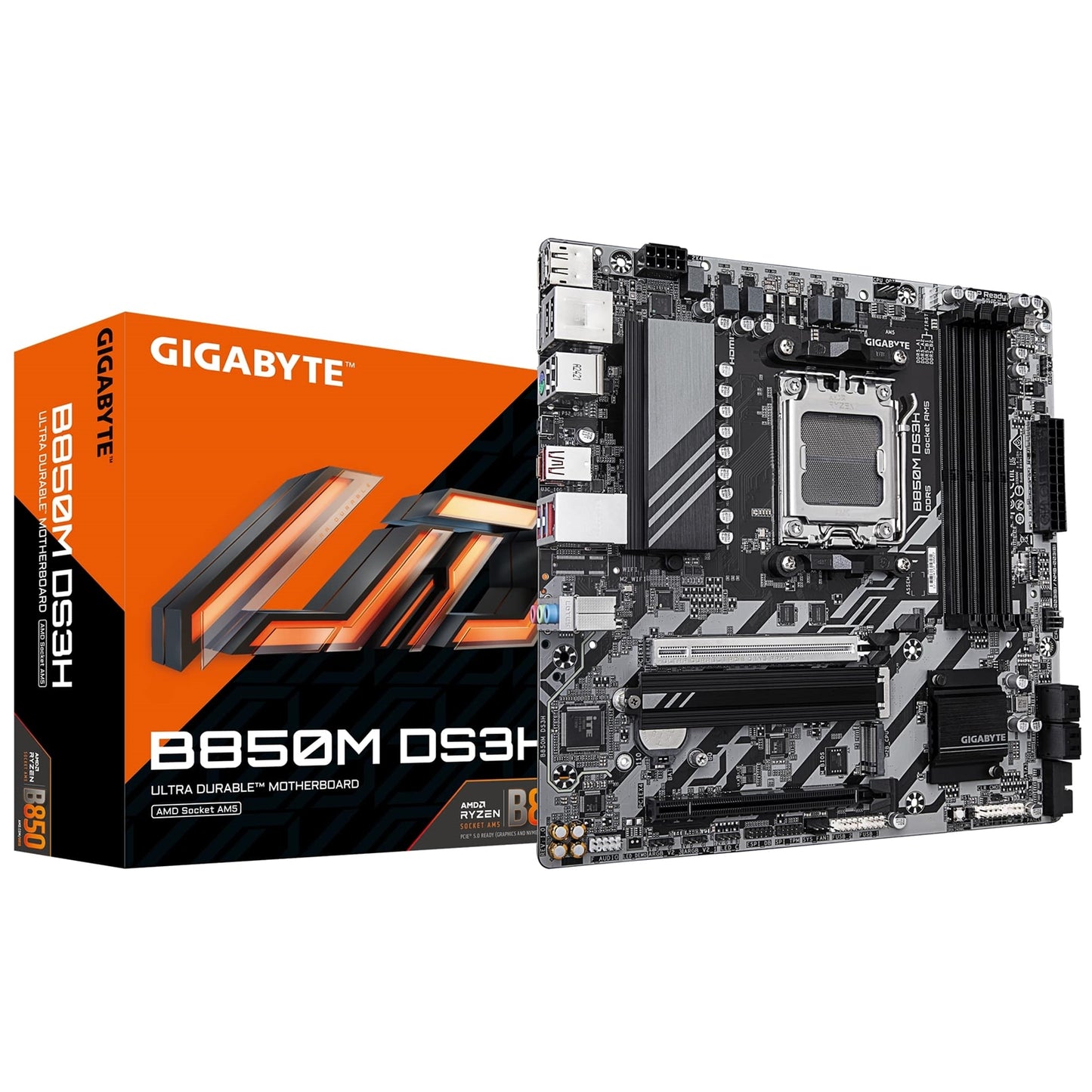 Gigabyte B850M DS3H AMD AM5 Socket Motherboard, Micro-ATX, 4x DDR5 Slots, 2x M.2 Sockets, 2x USB-C Port, 2.5GbE LAN, 2x DisplayPorts / 1x HDMI Port