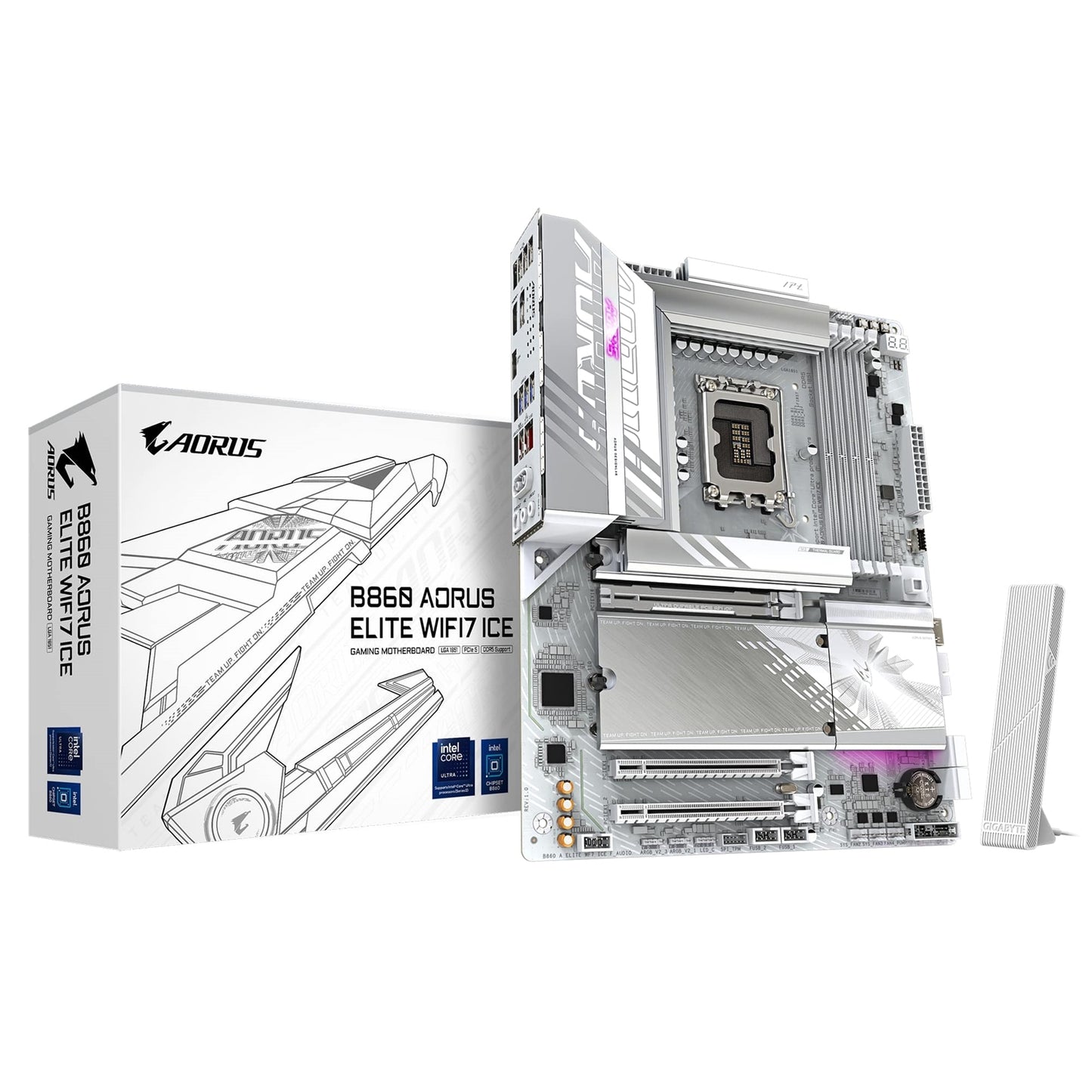 Gigabyte B860 AORUS ELITE WIFI7 ICE Intel 1851 Socket Motherboard, ATX, 4x DDR5 Slots, 3x M.2 Sockets, 2x USB-C Port, Fitted I/O Shield, 2.5GbE LAN, Wi-Fi 7, 1x DisplayPort / 2x HDMI / 1x USB-C (USB4)