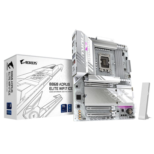 Gigabyte B860 AORUS ELITE WIFI7 ICE Intel 1851 Socket Motherboard, ATX, 4x DDR5 Slots, 3x M.2 Sockets, 2x USB-C Port, Fitted I/O Shield, 2.5GbE LAN, Wi-Fi 7, 1x DisplayPort / 2x HDMI / 1x USB-C (USB4)