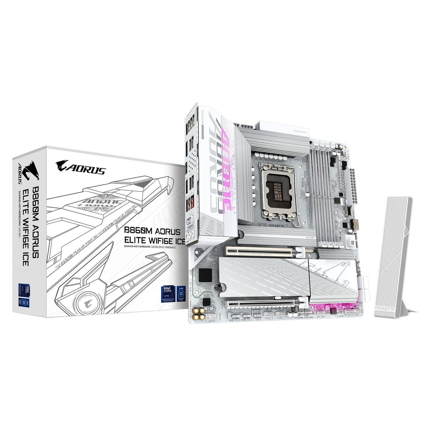 Gigabyte B860M AORUS ELITE WIFI6E ICE Intel 1851 Socket Motherboard, Micro-ATX, 4x DDR5 Slots, 3x M.2 Sockets, 2x USB-C Port, Fitted I/O Shield, 2.5GbE LAN, Wi-Fi 6E, 1x DisplayPort / 2x HDMI / 1x USB-C (USB4)