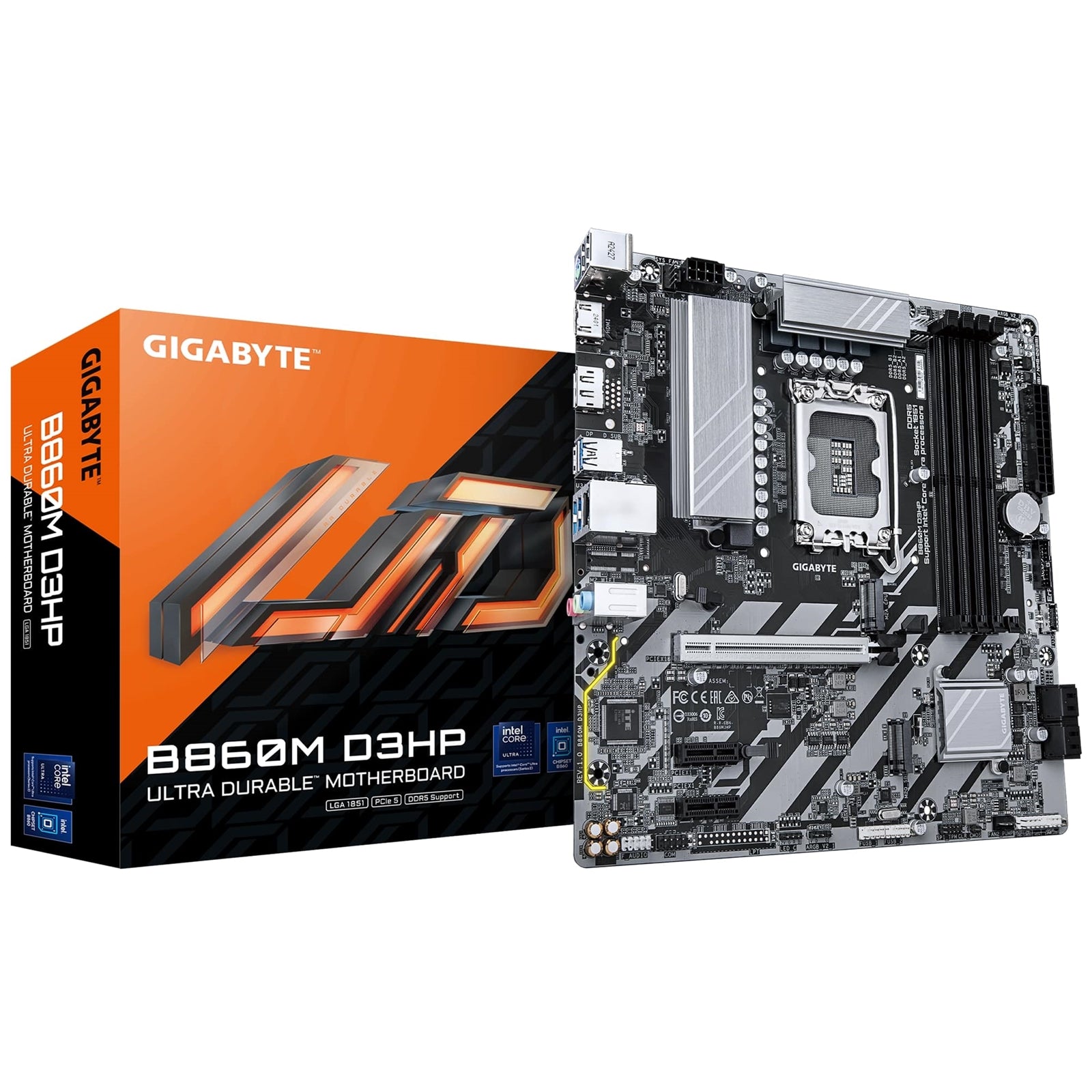 Gigabyte B860M D3HP Intel 1851 Socket Motherboard, Micro-ATX, 4x DDR5 Slots, 2x M.2 Sockets, 1x USB-C Port, GbE LAN, 1x DisplayPort / 1x HDMI Port