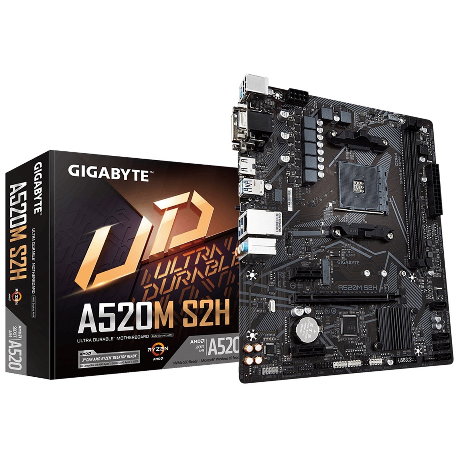 Gigabyte A520M S2H Ultra Durable AMD AM4 Socket Motherboard, Micro-ATX, 2x DDR4 Slots, 1x M.2 Socket, GbE LAN, 1x D-Sub / 1x DVI-D / 1x HDMI Port