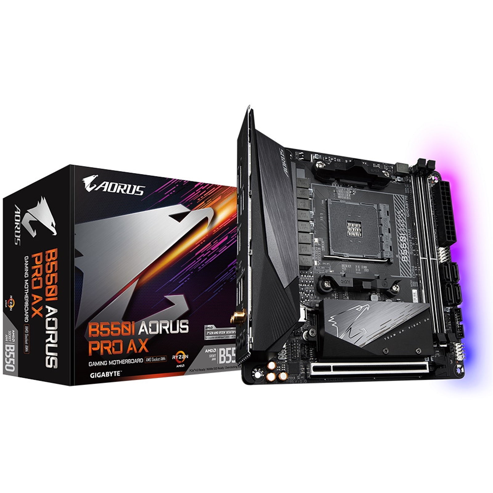 Gigabyte B550I AORUS PRO AX AMD AM4 Socket Motherboard, Mini-ITX, 2x DDR4 Slots, 2x M.2 Sockets, 1x USB-C Port, Fitted I/O Shield, 2.5GbE LAN, Wi-Fi 6, 1x DisplayPorts / 2x HDMI Port