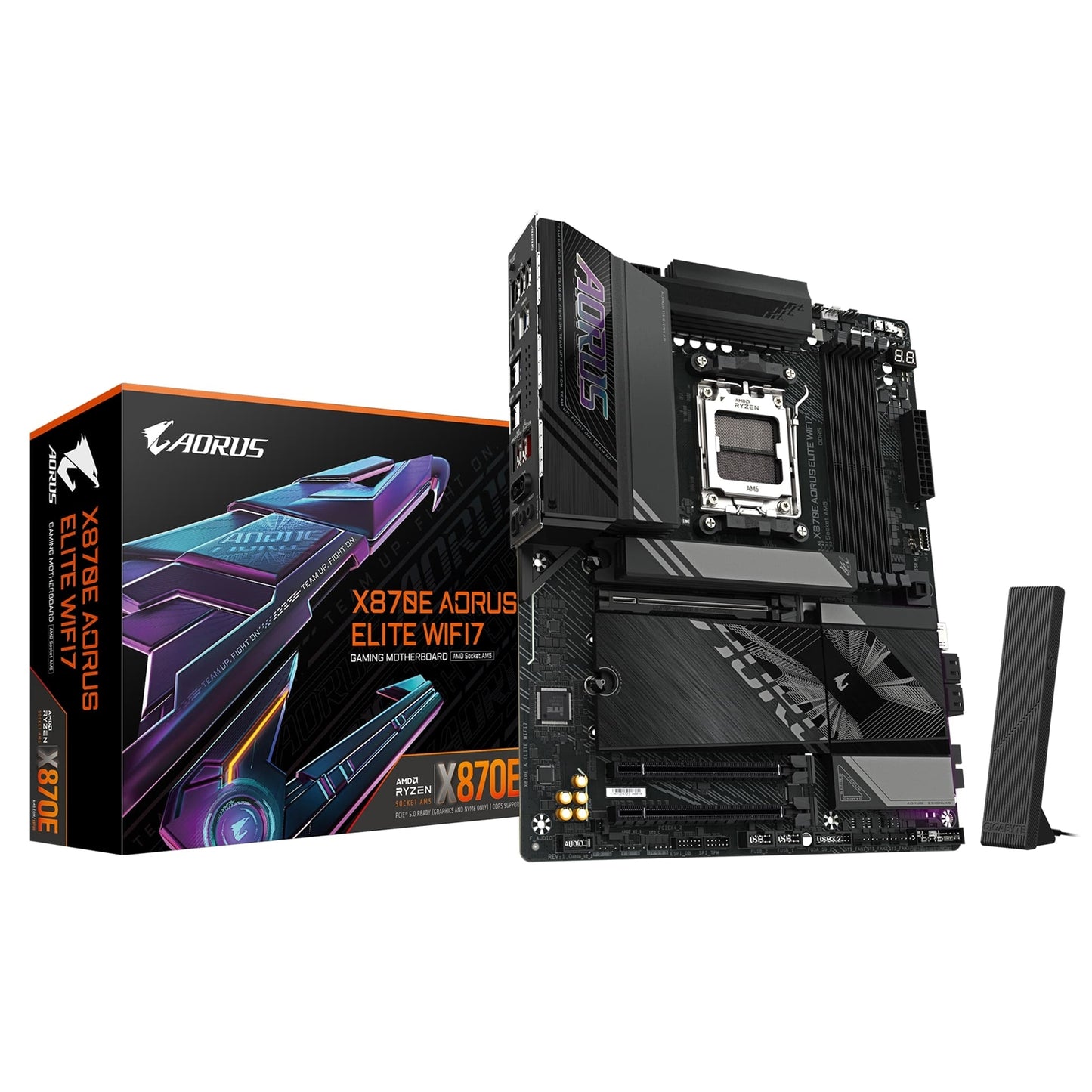 Gigabyte X870E AORUS ELITE WIFI7 AMD AM5 Socket Motherboard, ATX, 4x DDR5 Slots, 4x M.2 Sockets, 3x USB-C Port, Fitted I/O Shield, 2.5GbE LAN, Wi-Fi 7, 1x HDMI Port / 2x USB-C (USB4)