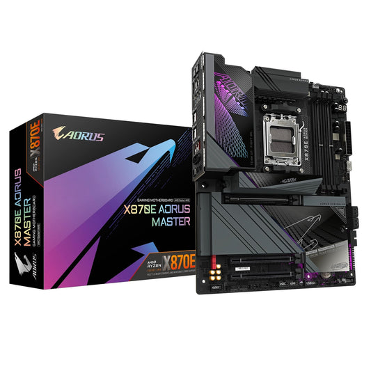 Gigabyte X870E AORUS MASTER AMD AM5 Socket Motherboard, ATX, 4x DDR5 Slots, 4x M.2 Sockets, 3x USB-C Port, Fitted I/O Shield, 5GbE LAN, Wi-Fi 7, 2x HDMI Port / 2x USB-C (USB4)