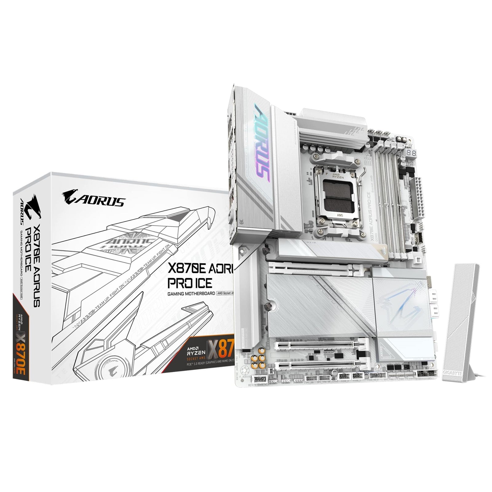 Gigabyte X870E AORUS PRO ICE AMD AM5 Socket Motherboard, ATX, 4x DDR5 Slots, 4x M.2 Sockets, 3x USB-C Port, Fitted I/O Shield, 2.5GbE LAN, Wi-Fi 7, 2x HDMI Port / 2x USB-C (USB4)