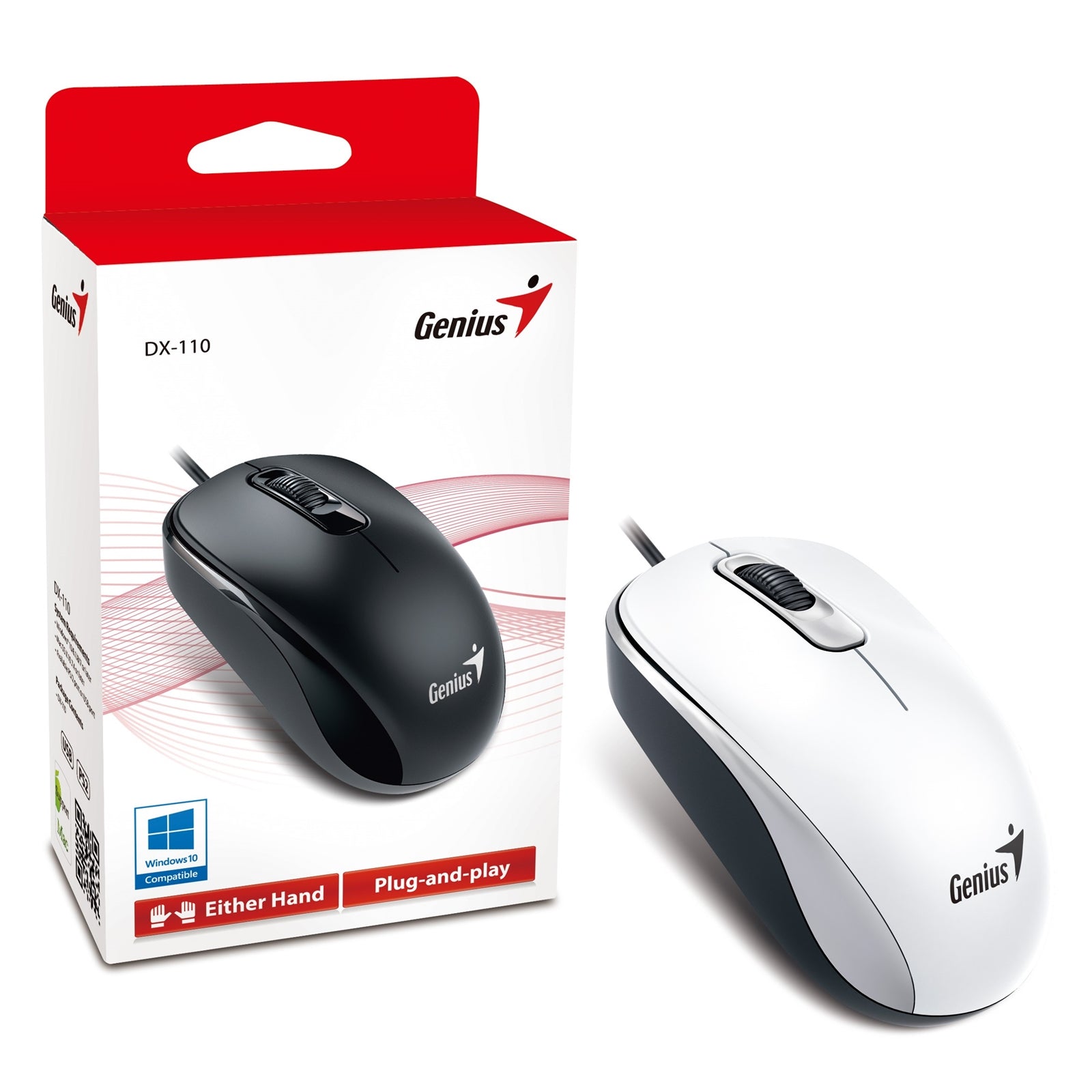 Genius DX-110 Wired USB Plug and Play Mouse, 1000 DPI Optical Tracking, 3 Button with Scroll Wheel, Ambidextrous Design with 1.5m Cable, White