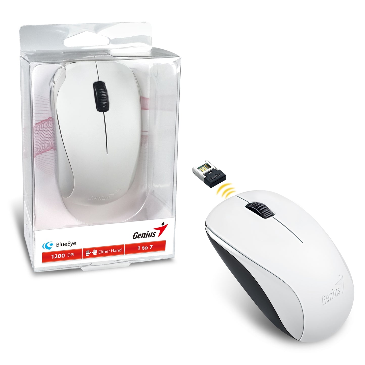 Genius NX-7000 Wireless Mouse, 2.4 GHz with USB Pico Receiver, Adjustable DPI levels up to 1200 DPI, 3 Button with Scroll Wheel, Ambidextrous Design, White