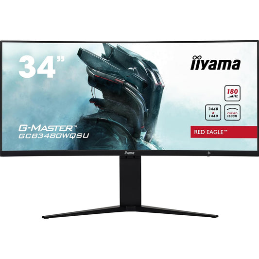 iiyama G-Master GCB3480WQSU-B1 34 Inch Red Eagle Ultra Wide Curved Gaming Monitor, Black, 3440x1440, 0.4ms, 180hz, FreeSync, HDMI, Display Port, USB Hub, Speakers, Int PSU, Height Adjustable, VESA