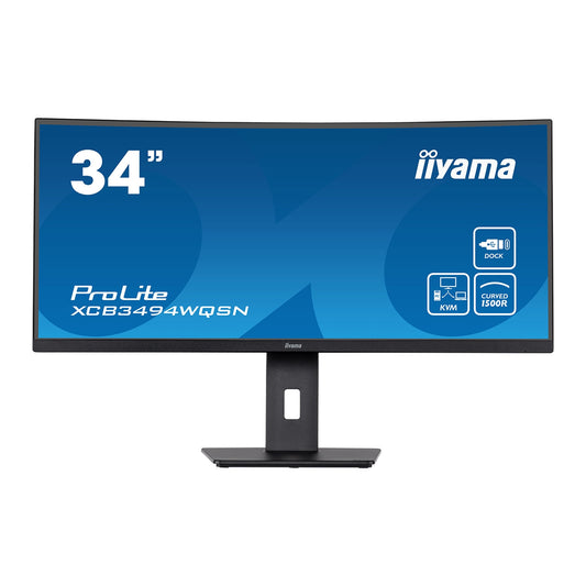 iiyama Prolite XCB3494WQSN-B5 34 inch Curved Monitor, USB-C Dock, RJ45 (LAN), KVM Switch, UWQHD, 0.4ms, HDMI, DisplayPort, USB-Hub, USB-C, 120Hz, Freesync, Speakers, Black, Internal PSU, VESA, Height Adjust, Pivot