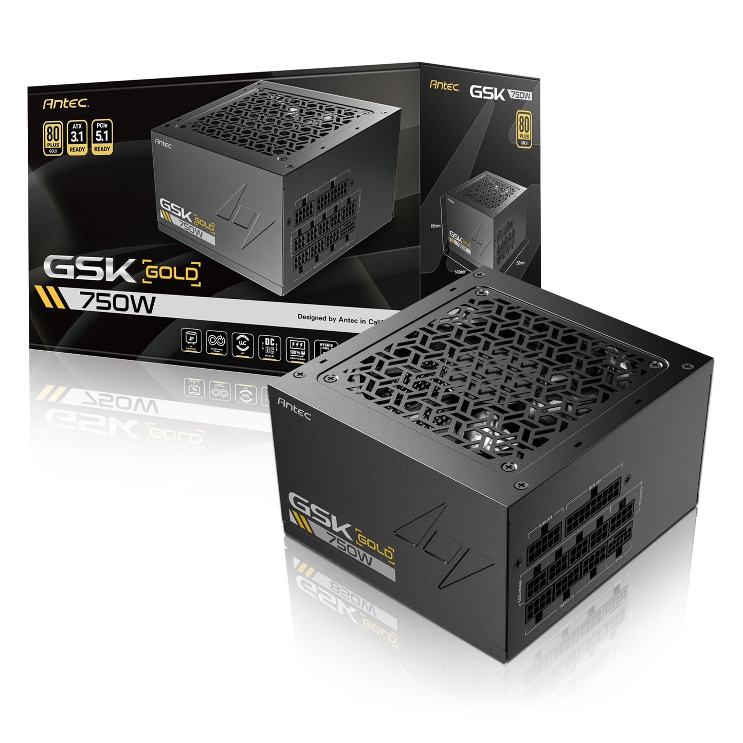 Antec GSK ATX3.1 750W Power Supply - 80 PLUS Gold, Full Modular, PCIe 5.1, JP Capacitors, Zero RPM Manager, 7-Year Warranty