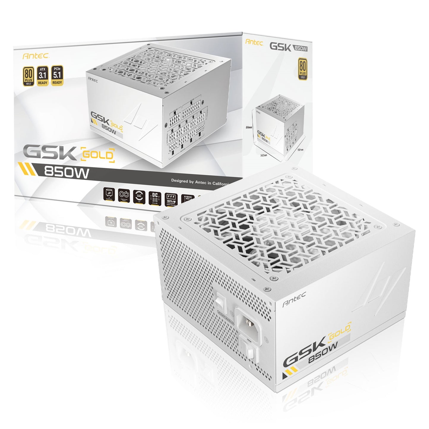 Antec GSK ATX3.1 850W Power Supply, White,80 PLUS Gold, Full Modular, PCIe 5.1, JP Capacitors, Silent FDB Fan, CircuitShield Protection