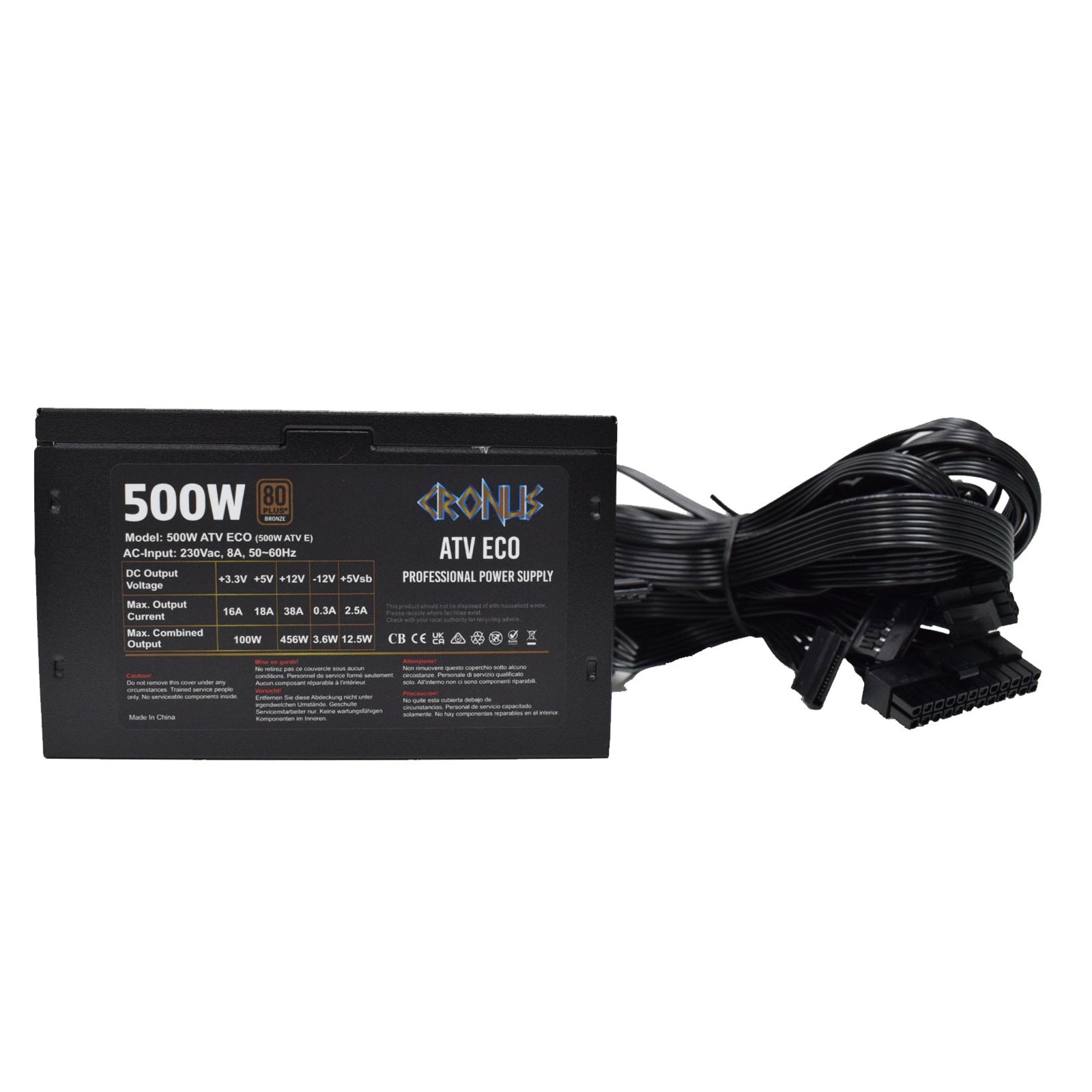 CRONUS 500W ATV ECO PSU, 120mm Silent Cooling Fan, 80 PLUS Bronze, Non Modular, Flat Black Cables, White Box