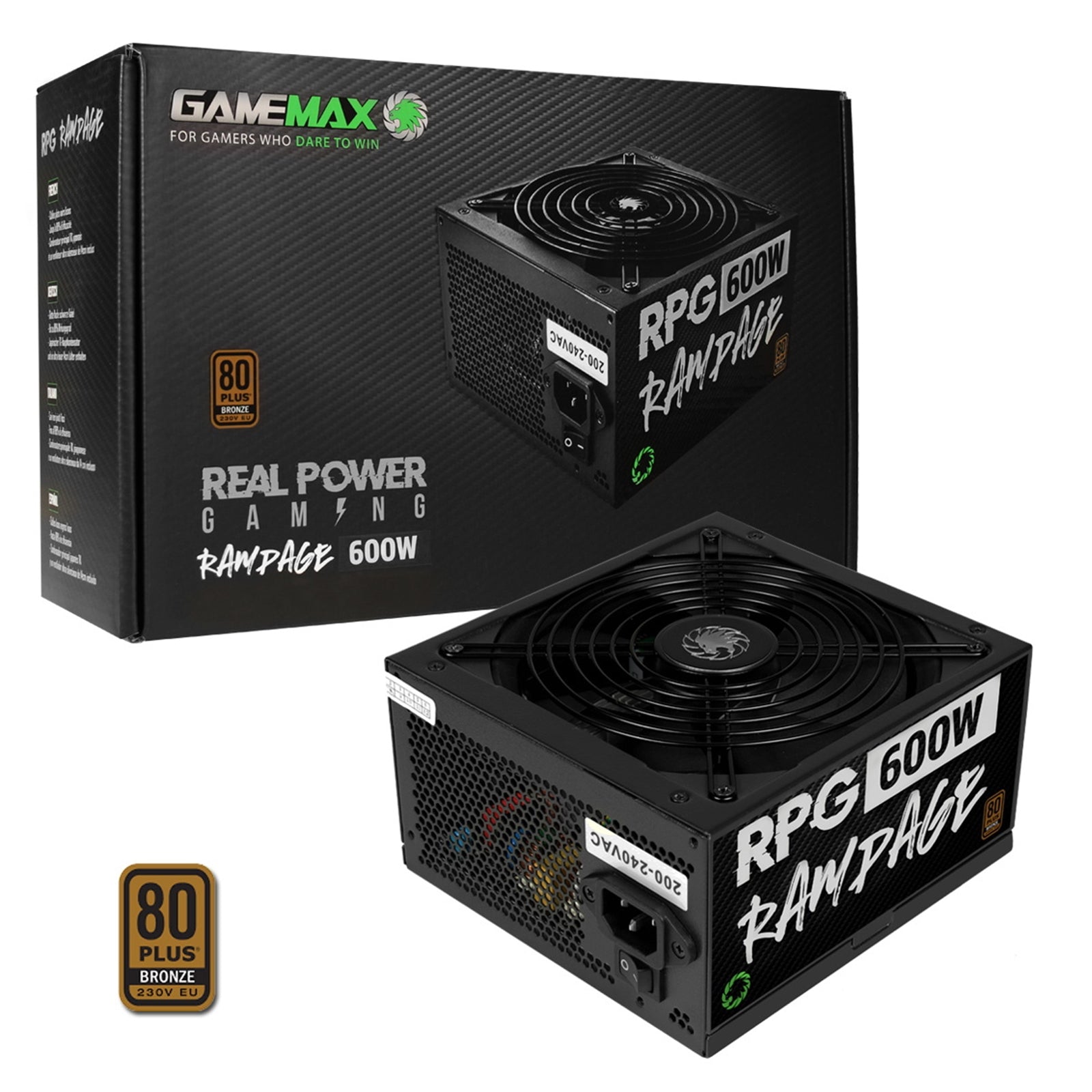 GAMEMAX RPG Rampage 600W PSU, 140mm Ultra Silent Fan, 80 PLUS Bronze, Non Modular, Flat Black Cables, Japanese TK Main Capacitor Fitted