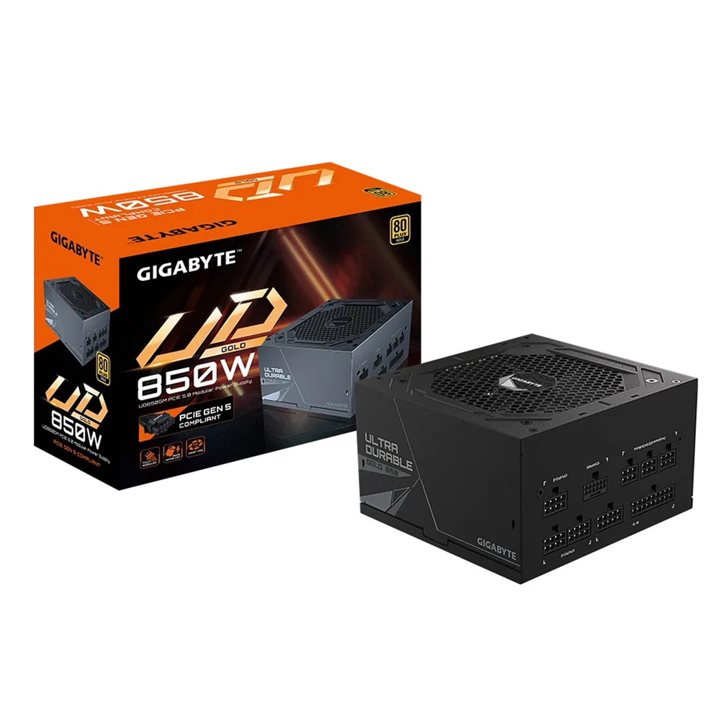 Gigabyte UD850GM PG5 850W PSU, 120mm Smart Hydraulic Bearing Fan, 80 PLUS Gold, Fully Modular, UK Plug, High-Quality Japanese Capacitors, ATX3.0, Support for PCIe Gen 5.0 Graphics Cards with High Quality Native 16-pin Cable