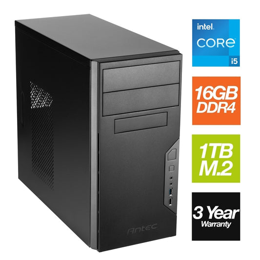 Intel i5 14400 10 Core 16 Thread 3.50GHz (4.70GHz Boost), 16GB Kingston RAM, 1TB Kingston NVMe M.2, Wi-F, DVDRW - Antec VSK Chassis - Pre-Built PC