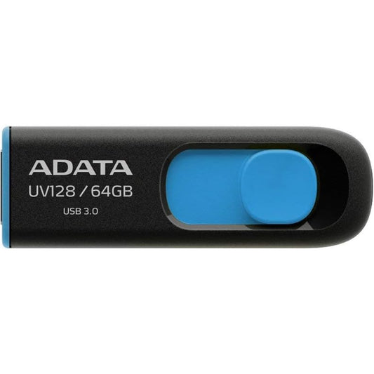 Adata UV128 64GB USB 3.2 Gen 1 Flash Drive, Capless Design, Black/Blue