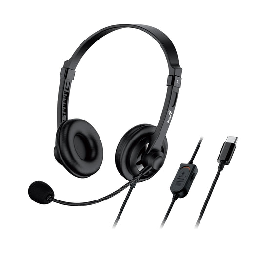 Genius HS-230U Headset with Mic, USB-C Connection, Plug and Play, Adjustable Headband and microphone with In-line Volume Control, Black