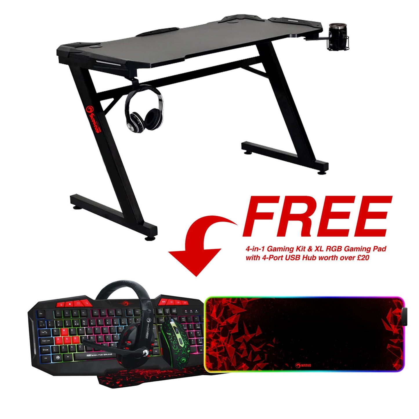 MARVO DE-05 Single Gaming Desk, 1100x600x74mm with FREE 4-in-1 Gaming Kit & XL RGB Gaming Mousepad with USB Hub