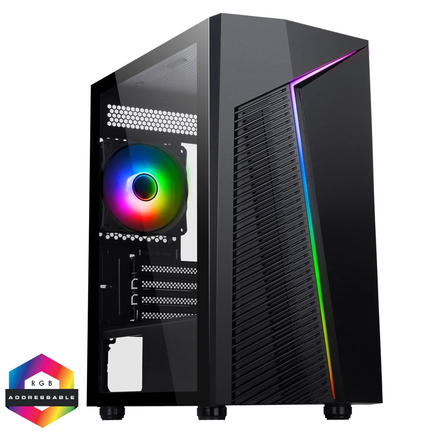 CiT Alpha Black Mid Tower 1 x USB 3.0 / 2 x USB 2.0 Tempered Glass Side Window Panel Black Case with Addressable RGB LED Lighting & Fans