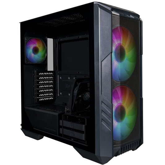 Cooler Master HAF 500 Case, Black, Mid Tower, 2 x USB 3.2 Gen 1 Type-A, 1 x USB 3.2 Gen 2 Type-C, Screwless & Tool-Free Tempered Glass Side Window Panel, Mesh Front Panel, Dual 200mm Addressable RGB Fans, Rotatable GPU Fan