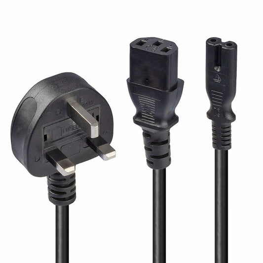 LINDY 30426 2.5m UK 3 Pin Plug to IEC C13 & IEC C7 Splitter Extension Cable, Black